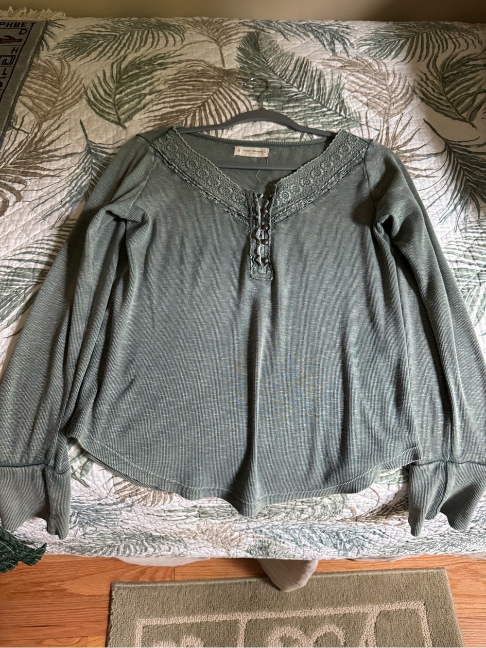 Lucky Brand Olive Green Lace-Trim Long Sleeve Tee